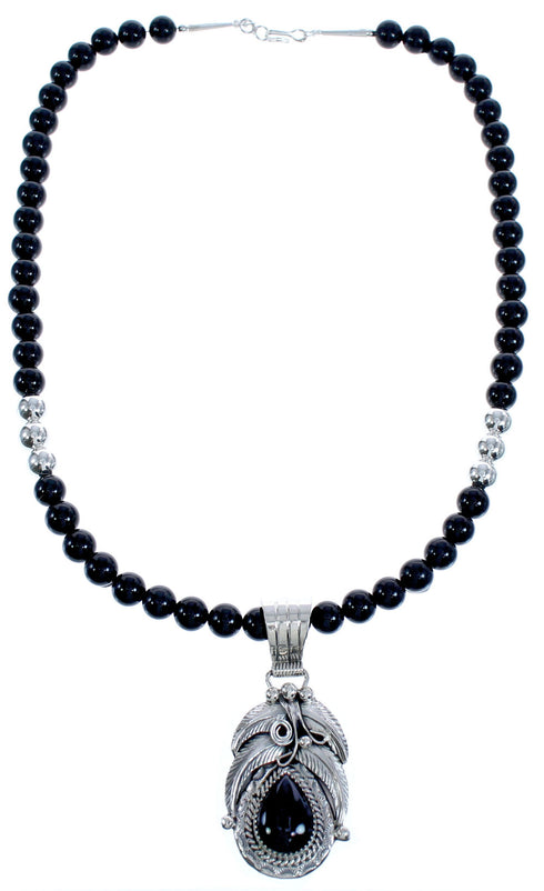 American Indian Onyx Authentic Sterling Silver Leaf Bead Necklace BX119117